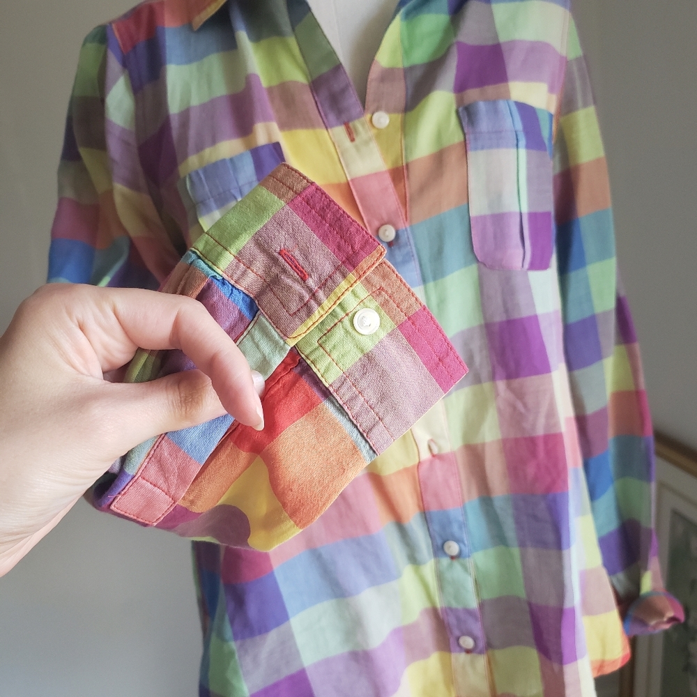 Vintage Rainbow Plaid Button Down Shirt Long Sleeve Colorful Checkered Top Small - Picture 3 of 7